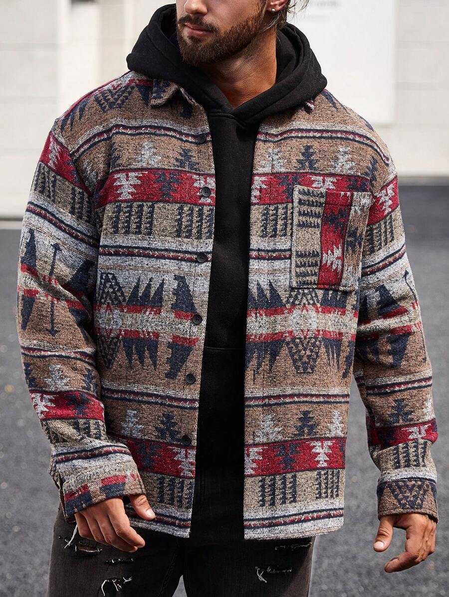 Manfinity Homme Loose Fit Men's Overcoat With Geometric Print And Patched Pockets - Multicolor - View 1