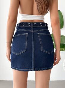 EURMUSE Solid Belted Bodycon Denim Skirt - Dark Wash - View 2