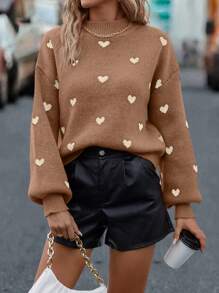 SHEIN LUNE Heart Pattern Drop Shoulder Knit Pullover Fall Winter Sweater - Coffee Brown - View 6