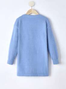 SHEIN Tween Girl Drop Shoulder Button Front Cardigan - Baby Blue - View 2