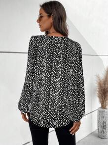 SHEIN LUNE Allover Print Lantern Sleeve Blouse - Black - View 2