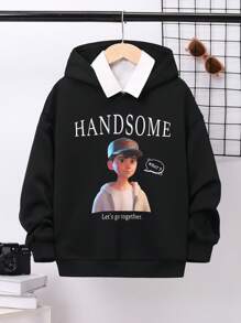 SHEIN Tween Boy Slogan & Figure Graphic Drop Shoulder Sweatshirt Without Necklace - Black - View 3