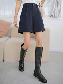 DAZY Solid Plicated Detail Wide Leg Shorts Summer - Navy Blue - View 2