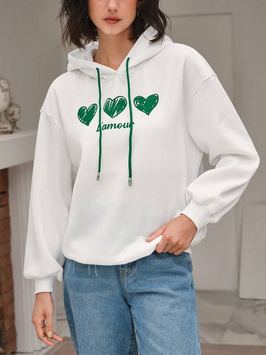 SHEIN Frenchy Heart & Letter Graphic Drop Shoulder Drawstring Hoodie - White - View 1