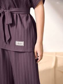 Graceveil Batwing Sleeve Belted Top & Wide Leg Pants 2 Piece Set Modest - Purple - View 4