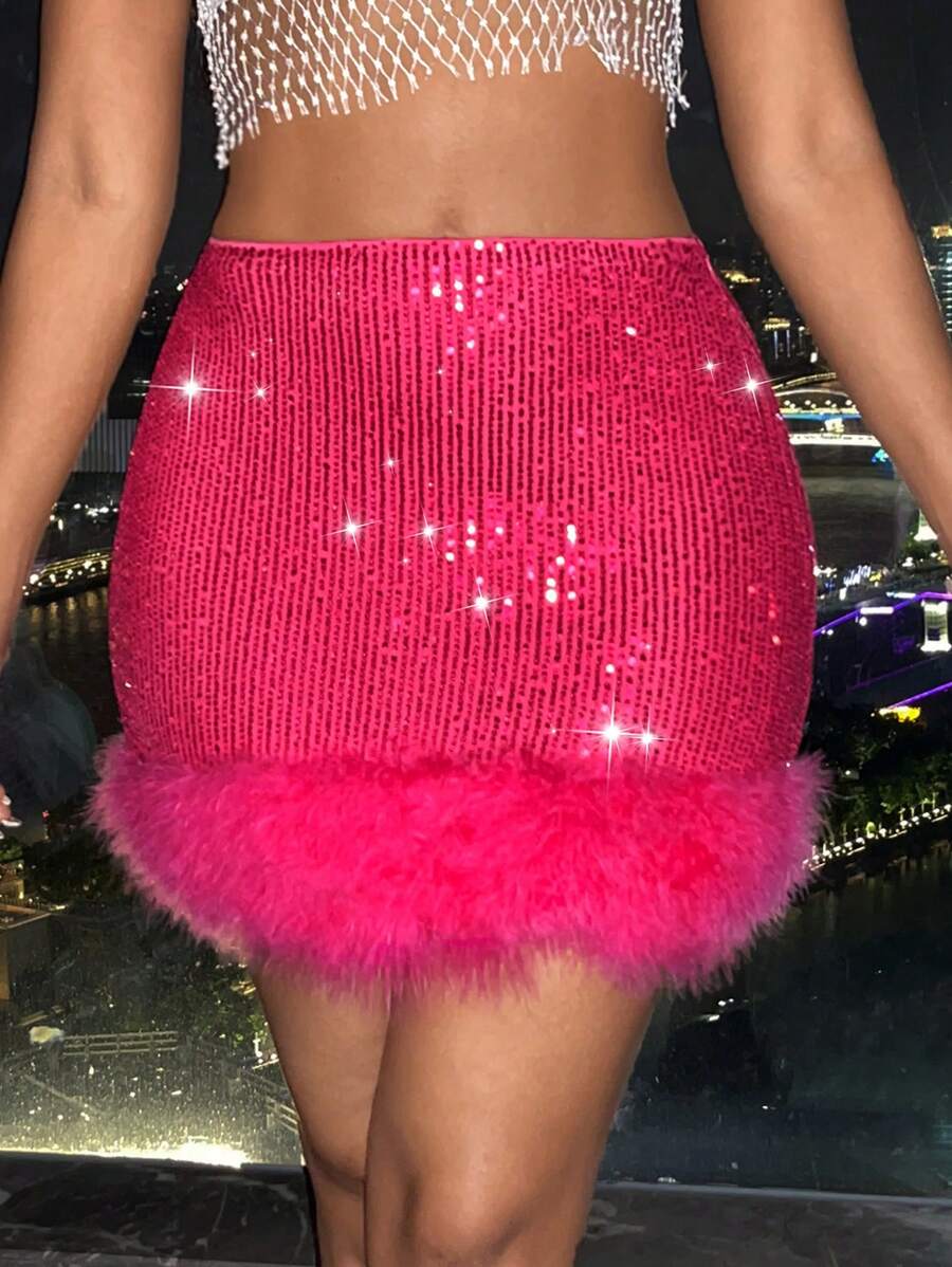 SHEIN SXY Fuzzy Trim Sequin Bodycon Skirt - Hot Pink - View 1