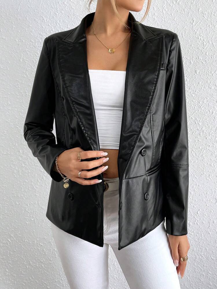 Peak Lapels Double Breasted PU Blazer