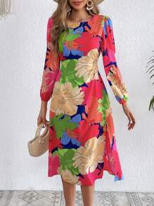 SHEIN VCAY Floral Print Split Thigh Dress - Multicolor - View 5