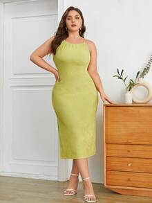 SHEIN Essnce Cộng với váy Cami xẻ đùi - màu xanh lá - Xem 5