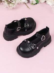 女孩心形装饰魔术贴玛丽珍平底鞋，适合户外穿着 - 黑色 - 查看 3