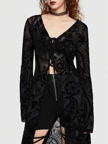 ROMWE Goth In hoa Tie Trước Kiểu Dài Áo - màu đen - Xem 2