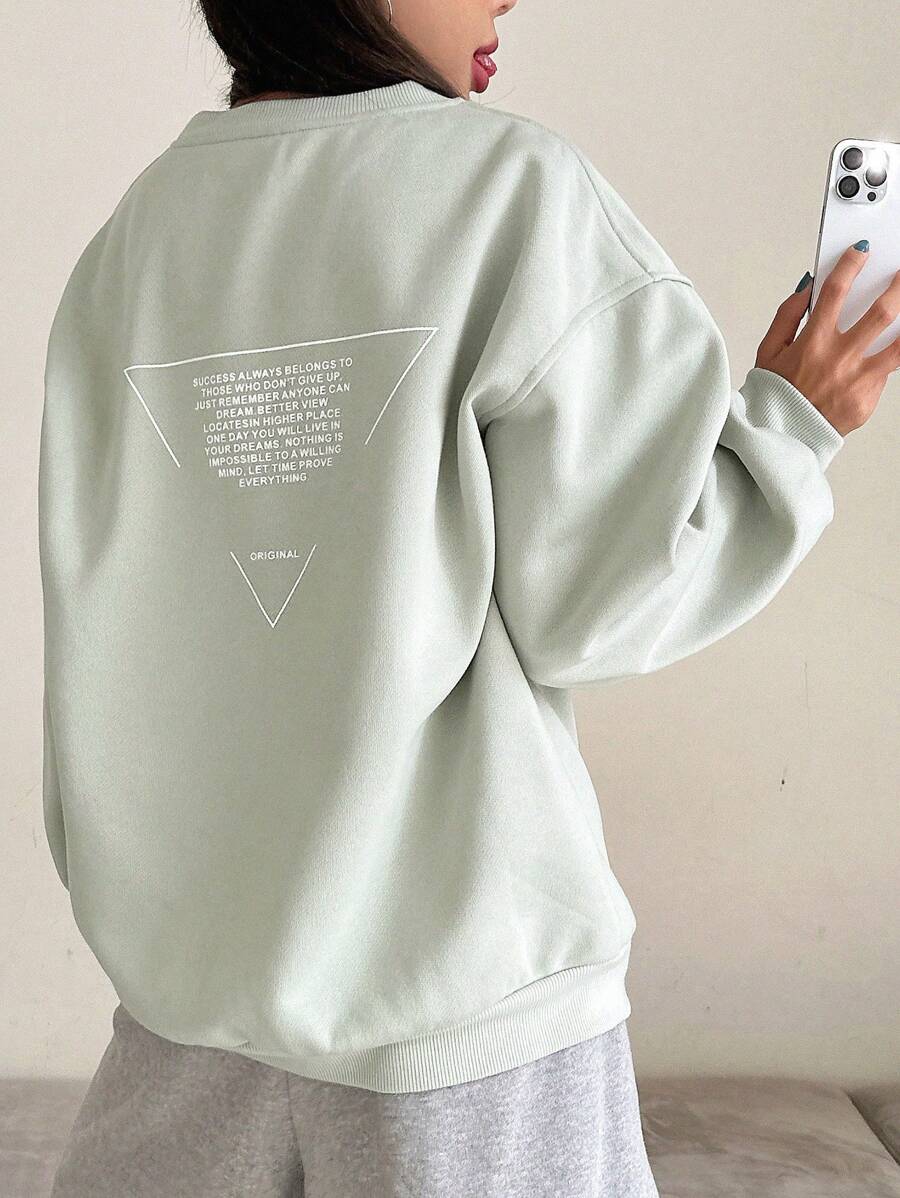 DAZY 標語圖案落肩袖加絨內裏運動衫 - 綠色 - 查看 1