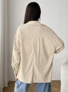 SHEIN EZwear 秋冬翻领落肩灯芯绒大衣 - 米色 - 查看 2