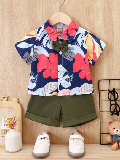 SHEIN 男嬰印花前蝴蝶結襯衫&短褲