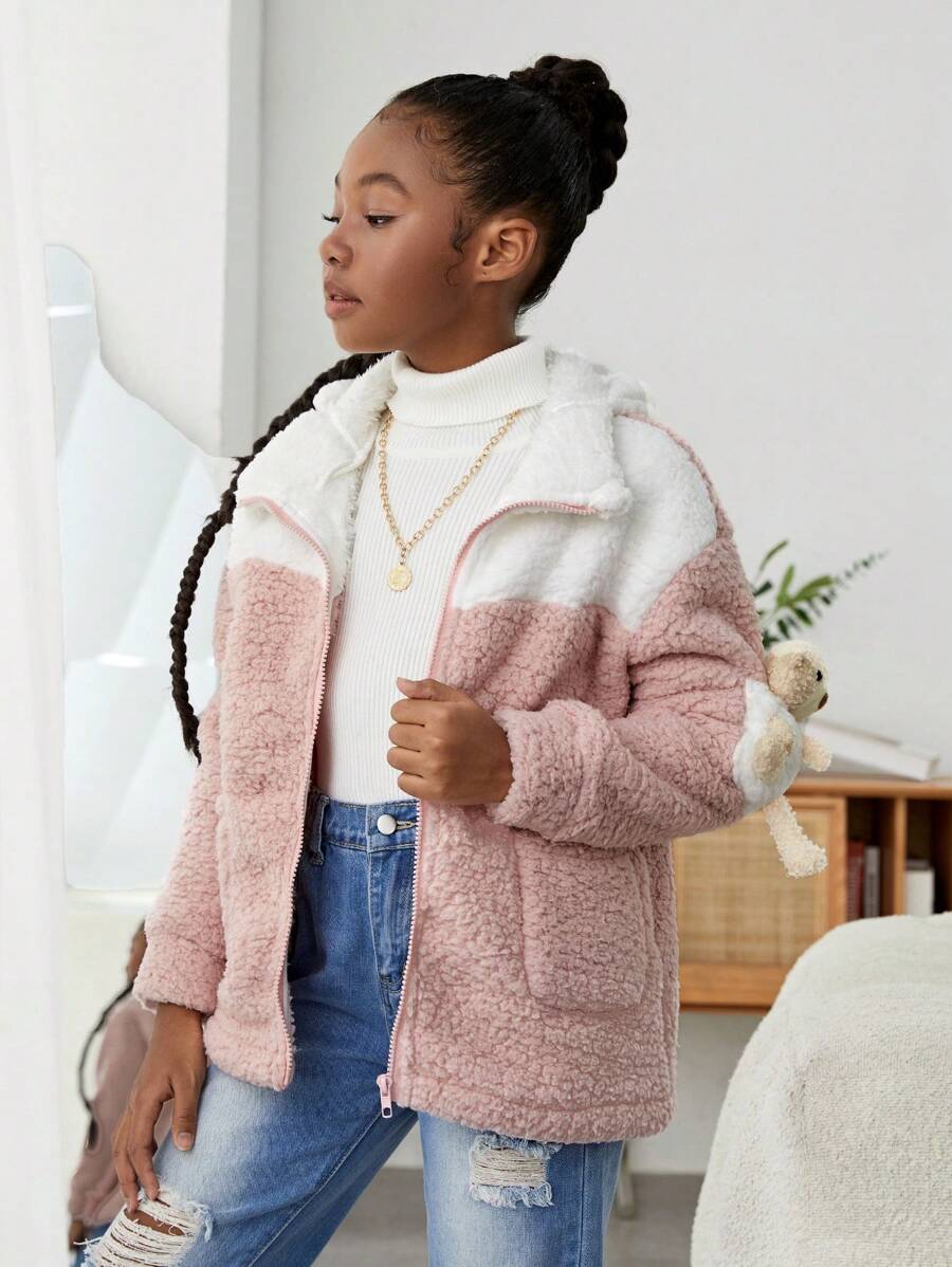 SHEIN Tween Girl Two Tone Drop Shoulder Zipper Teddy Coat - Pink - View 1