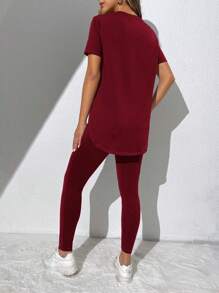 SHEIN Essnce Solid Split Hem Tee & Leggings - Burgundy - View 2