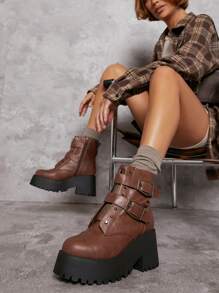 SHUZIA Da giả Buckled Lug Sole Giày ống Tây Combat - Rỉ Nâu - Xem 2
