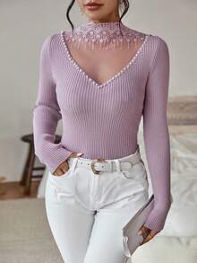 SHEIN Clasi 珍珠串珠小高領條紋針織套頭毛衣 - 紫丁香色 - 查看 6