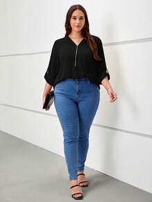 SHEIN LUNE Plus Half Zip Roll Tab Sleeve Blouse - Black - View 4