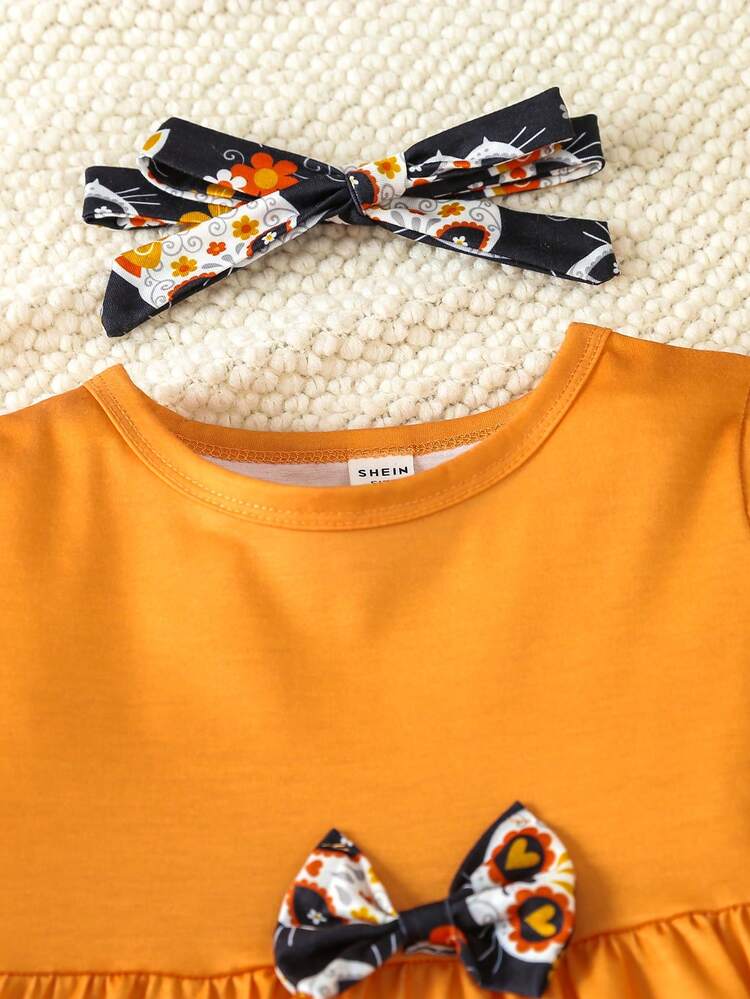 女嬰前蝴蝶結花邊下擺上衣&印花緊身打底褲 - 彩色 - 查看 3