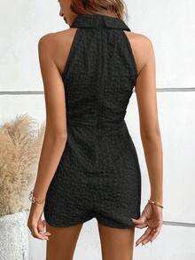 Breezaya Chất rắn Nút phía trước Áo sơ mi Romper - màu đen - Xem 2