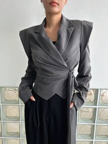 DAZY Business Casual Style Solid Color Wide Strap Wrap Blazer - Grey - View 2