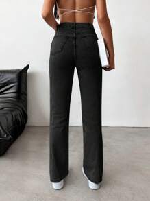 SHEIN Cottnline Ripped Straight Leg Jeans - Black - View 2