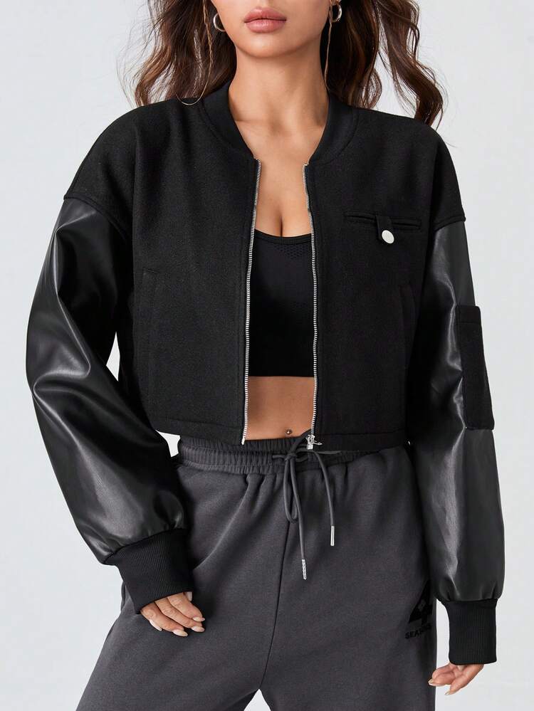 Drop Shoulder Zip Up Crop Bomber Jacket