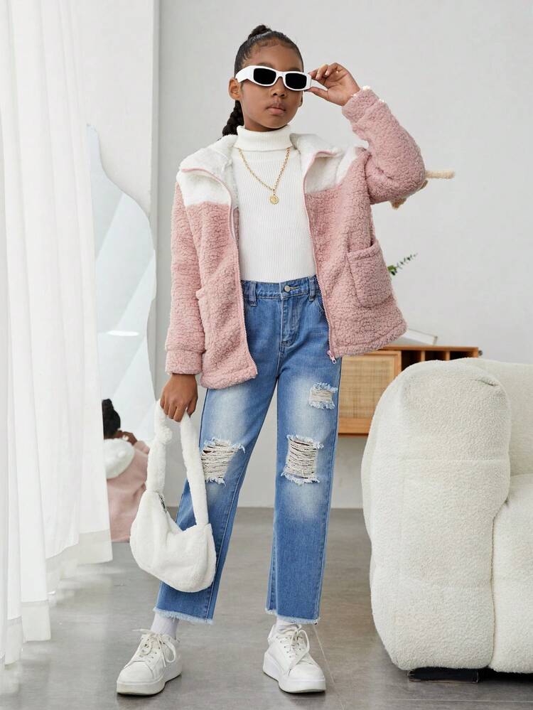 SHEIN 女大童雙色落肩袖拉鍊絨毛外套 - 粉色 - 查看 3