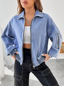 SHEIN EZwear Dây kéo Thả vai Áo khoác denim - Rửa nhẹ - Xem 1