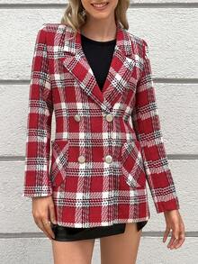 EURMUSE 格紋印花雙排釦西裝外套 - 紅色 - 查看 3