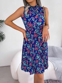 Floral Print Mock Neck Dress - Royal Blue - View 4