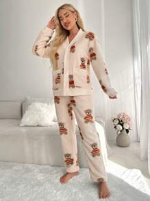 熊图案落肩法兰绒睡衣套装 / 睡衣套装 - 米色 - 查看 7
