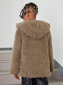SHEIN Chico preadolescente Abrigo con parte delantera abierta con capucha de peluche