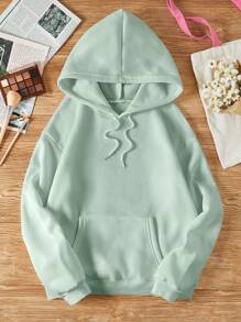 SHEIN EZwear Đồ họa Khẩu hiệu Túi kangaroo Dây rút Áo hoodie ấm áp - Màu xanh Bạc hà - Xem 2