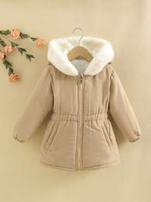 SHEIN Young Girl Zip Up Elastic Waist Hooded Thermal Lined Coat - Coffee Brown - View 4