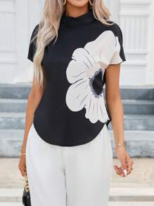 SHEIN Clasi In hoa Cổ giả tay cánh Áo sơ mi - màu đen - Xem 5