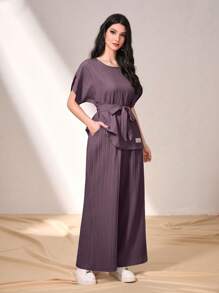 Graceveil Batwing Sleeve Belted Top & Wide Leg Pants 2 Piece Set Modest - Purple - View 3