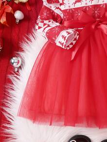Baby Girl Geo Print Ruffle Trim Mesh Hem Belted Dress With Headband - Red and White - View 6