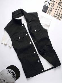 Manfinity Homme Men Plus Floral & Letter Graphic Denim Jacket Without Tee - Black - View 7