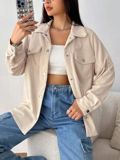 SHEIN EZwear 秋冬翻领落肩灯芯绒大衣