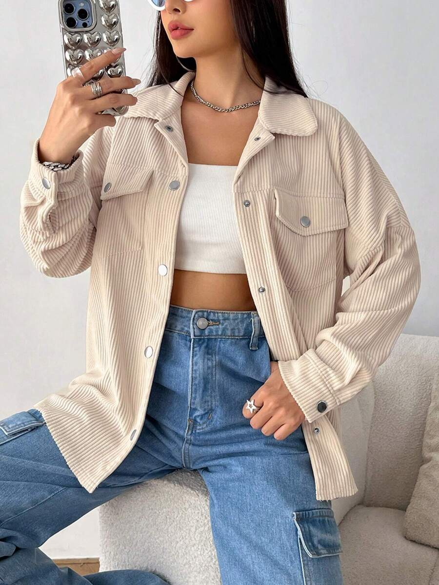 SHEIN EZwear 秋冬翻领落肩灯芯绒大衣 - 米色 - 查看 1