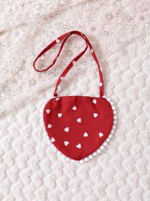 Baby Girl Heart Print Ruffle Trim Flare Sleeve Dress With Bag - Red - View 3