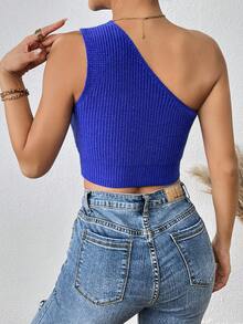 SHEIN Essnce Một bờ vai Áo đan Crop - Xanh đậm - Xem 2