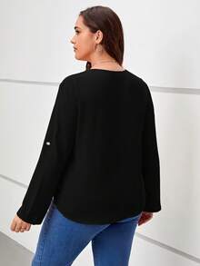 SHEIN LUNE Plus Half Zip Roll Tab Sleeve Blouse - Black - View 2
