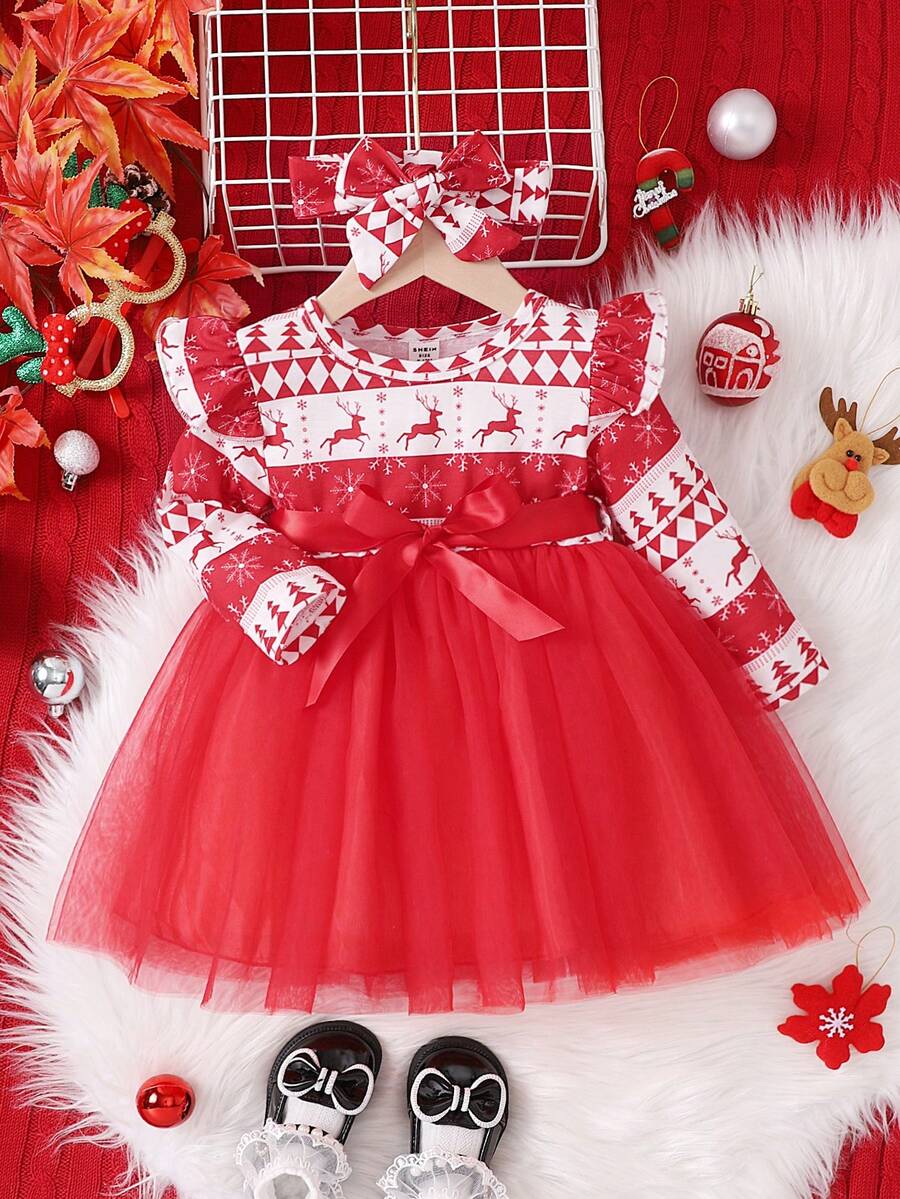 Baby Girl Geo Print Ruffle Trim Mesh Hem Belted Dress With Headband - Red and White - View 1