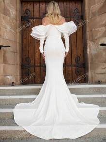 Faeriesty Off Shoulder Ruffle Trim Floor Length Wedding Dress White Elegant Long Sleeve Bridal Dress,Bride