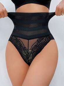 Contrast Lace High Waisted Shapewear Panty - Black - View 3