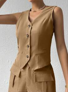 Chiquease Chất rắn Nút phía trước Áo gi lê - màu nâu - Xem 1