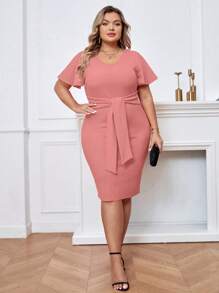 SHEIN Privé Plus Butterfly Sleeve Knot Front Bodycon Dress - Baby Pink - View 6